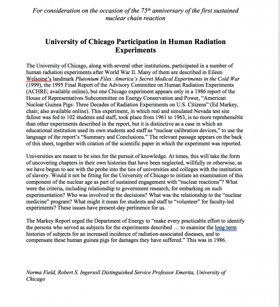 University of Chicago Participation in Human Radiation Experiments